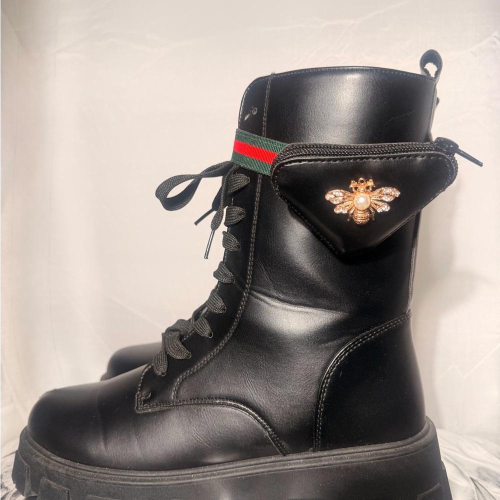 Black Lace-Up Platform Combat Boots with Bee Embellishment